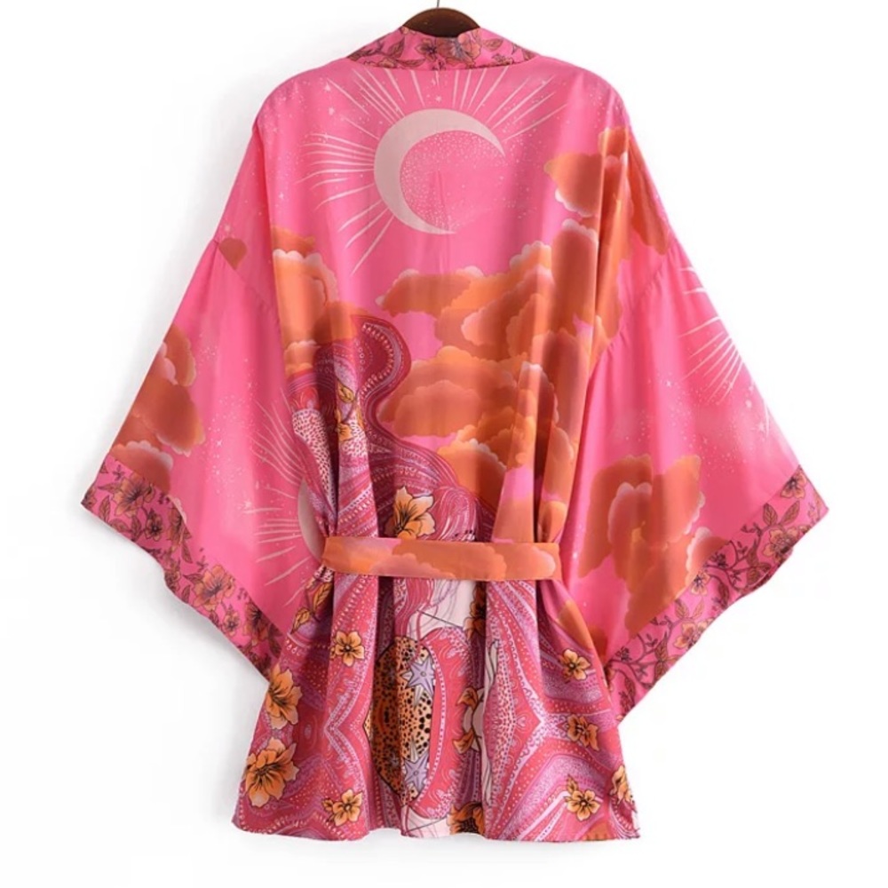 SOLD OUT Fuchsia Pink Cosmic Galaxy Moon Boho Short Kimono Coverup Robe - Picture 3 of 10